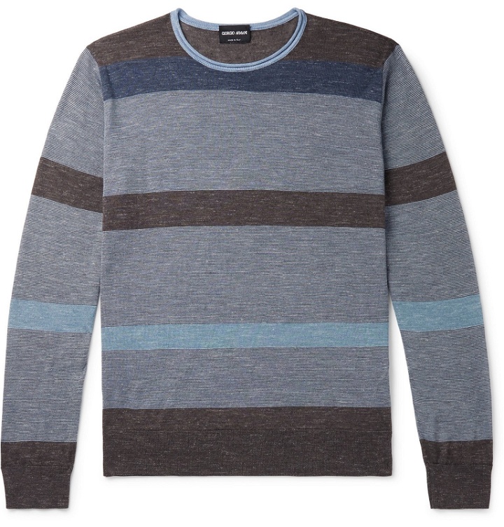 Photo: Giorgio Armani - Slim-Fit Striped Silk, Cashmere and Linen-Blend Sweater - Blue
