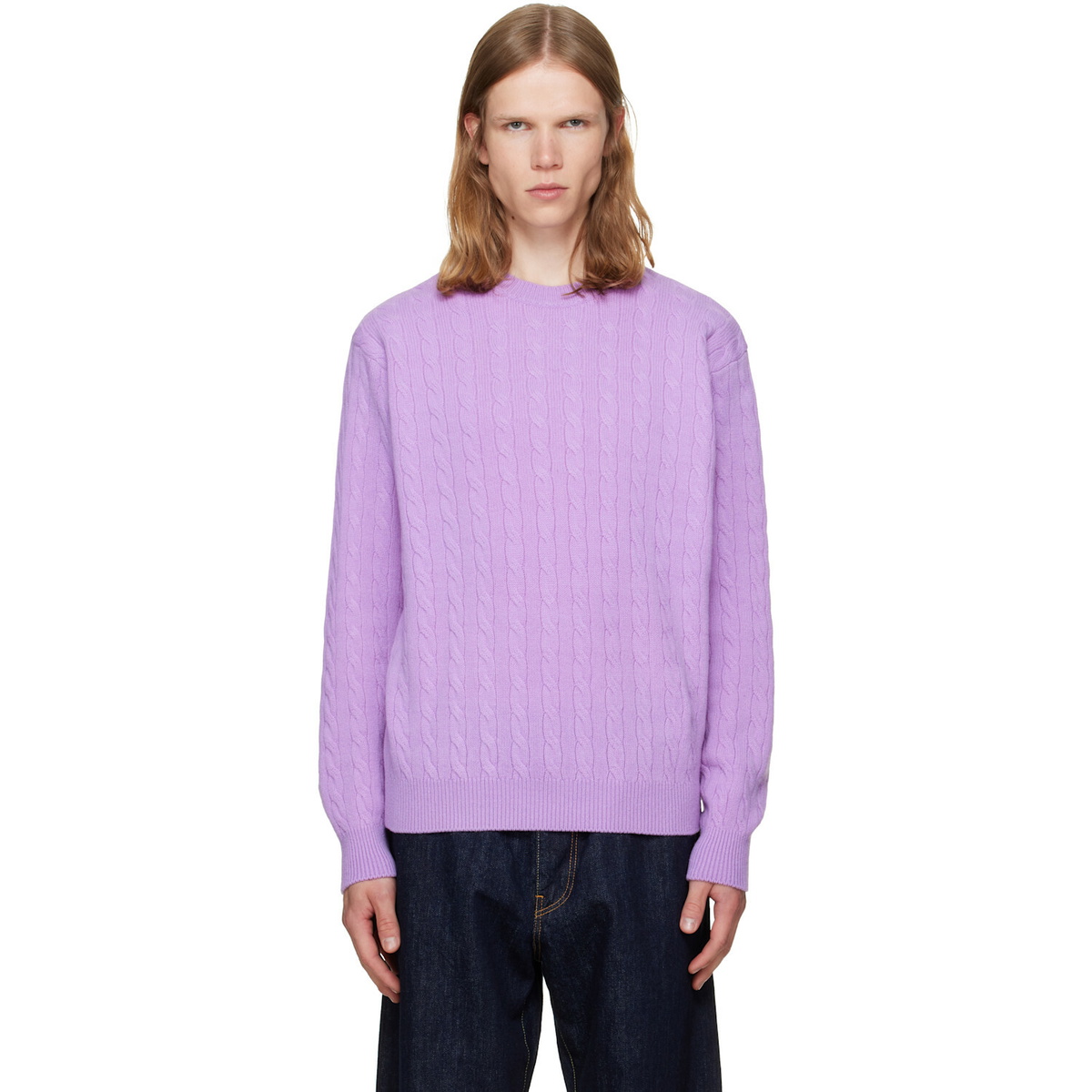 vowels Purple Cable Knit Crewneck Sweater