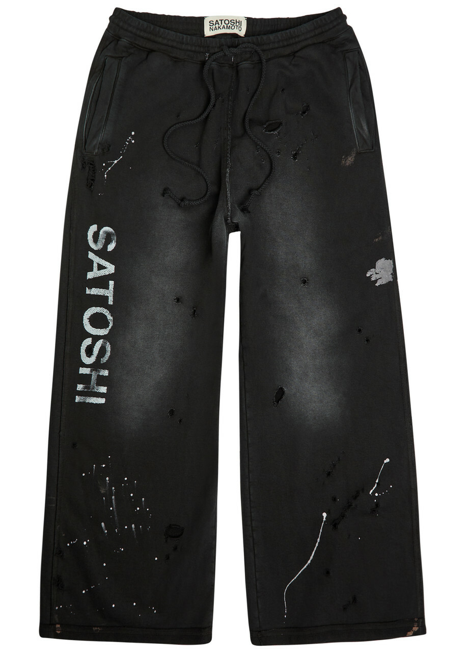 Satoshi Nakamoto Luke Printed Distressed Wide-leg Cotton Sweatpants Black