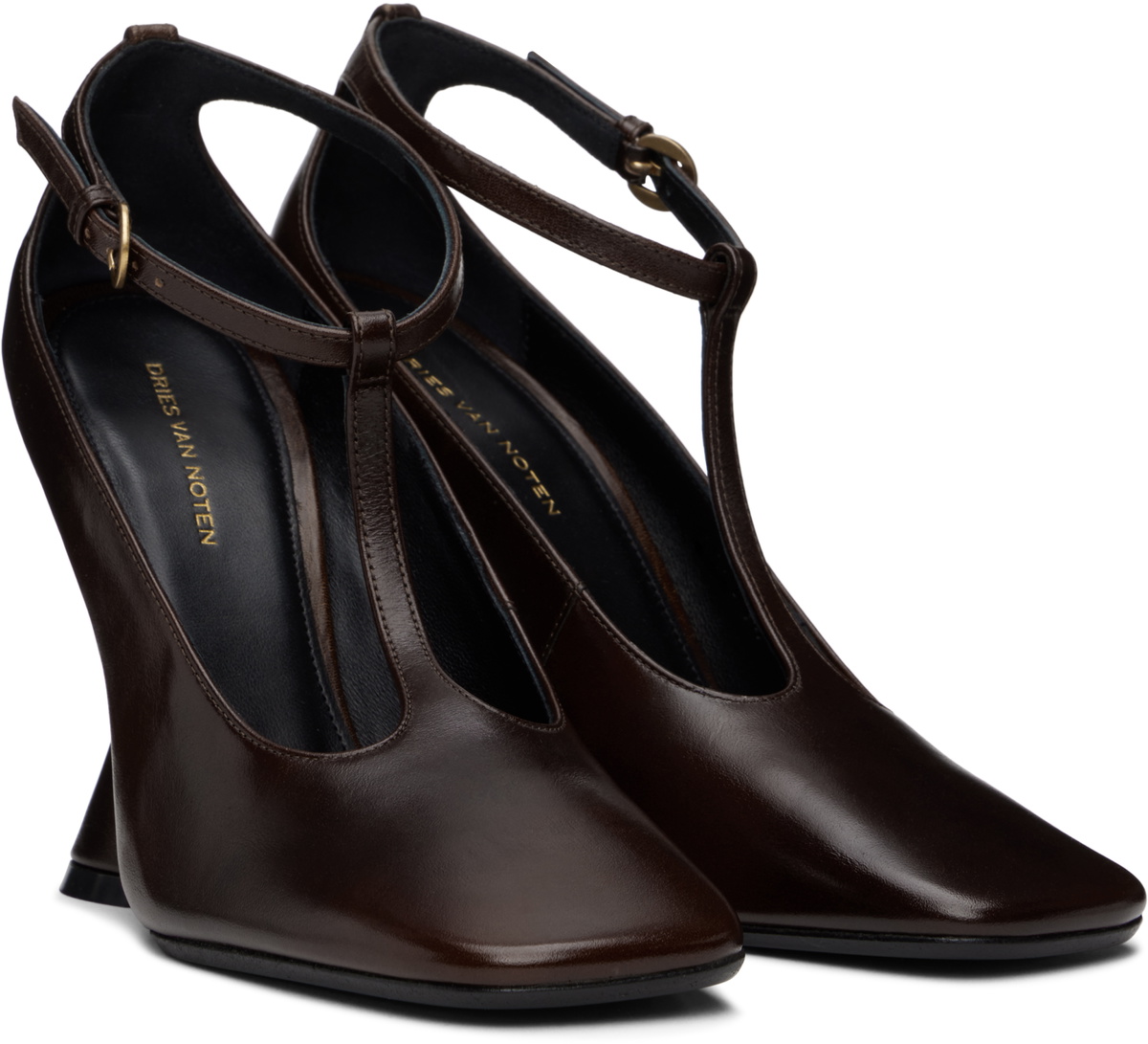 Dries Van Noten Tan Leather Wedge Mary Jane Heels Dries Van