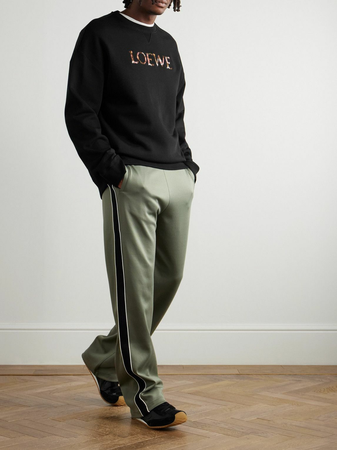 LOEWE - Straight-Leg Logo-Embroidered Herringbone-Striped Tech-Jersey Track Pants - Green