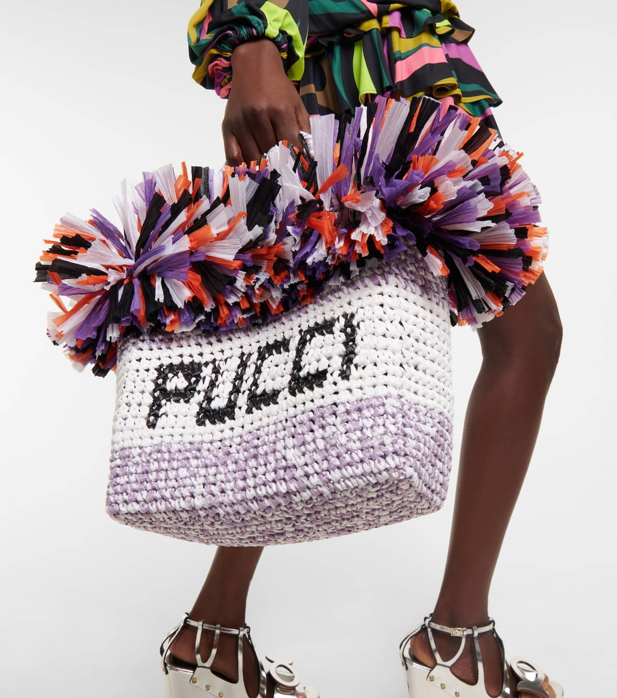 Pucci Logo Small raffia-trimmed tote
