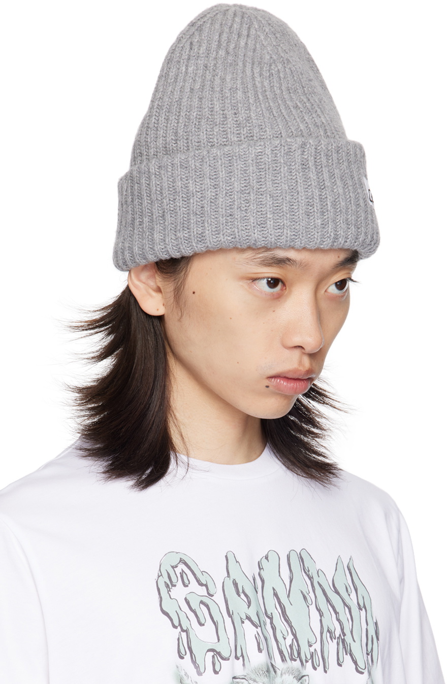 GANNI Gray Oversized Wool Rib Beanie