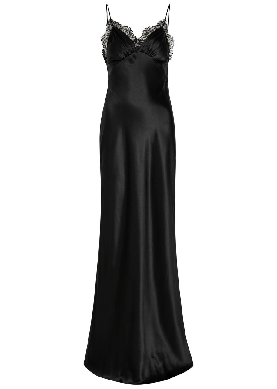 Nili Lotan Sylas Lace-trim Silk Maxi Slip Dress Black