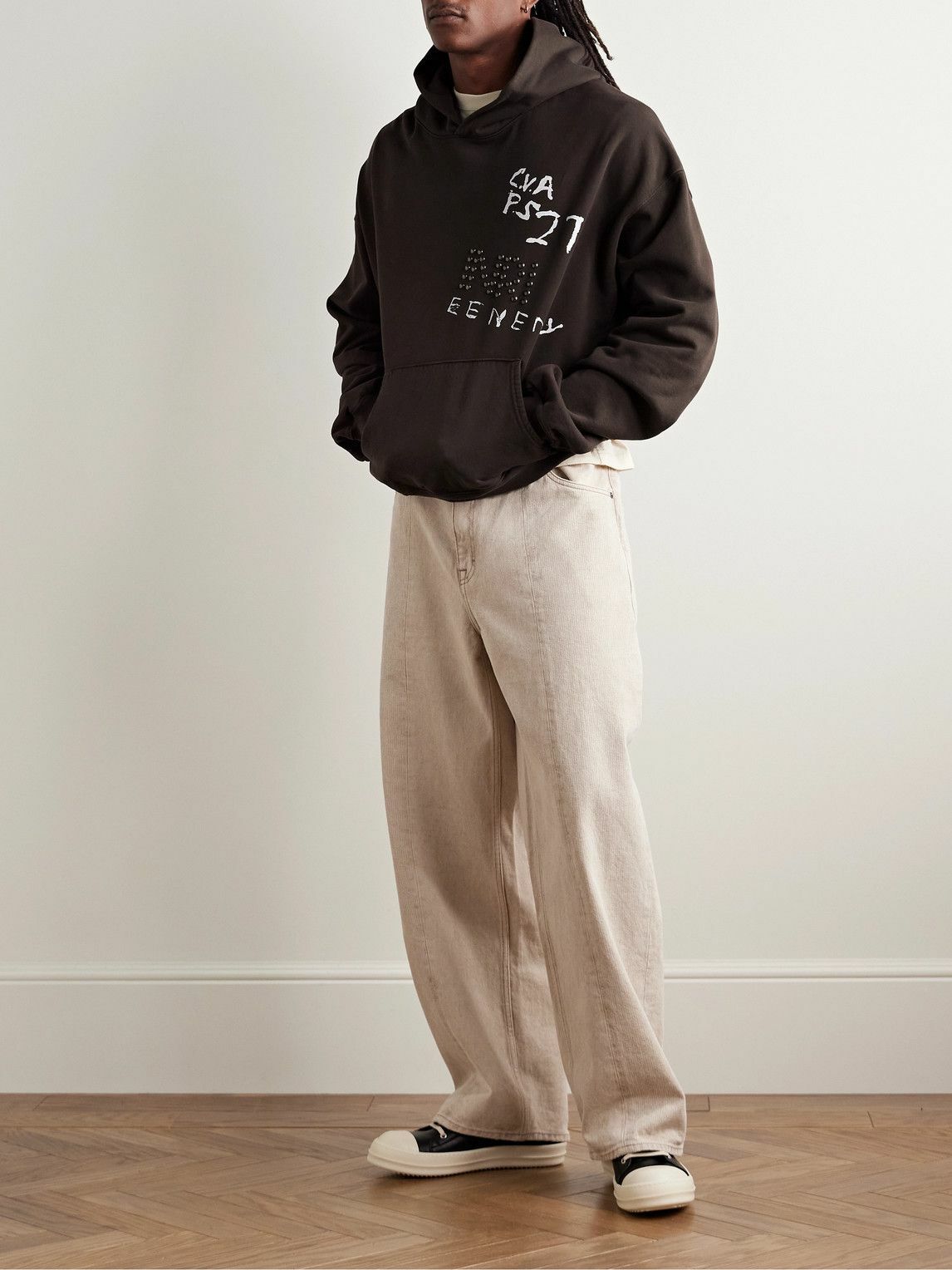 RRR123 - INRI Embellished Printed Cotton-Jersey Hoodie - Brown