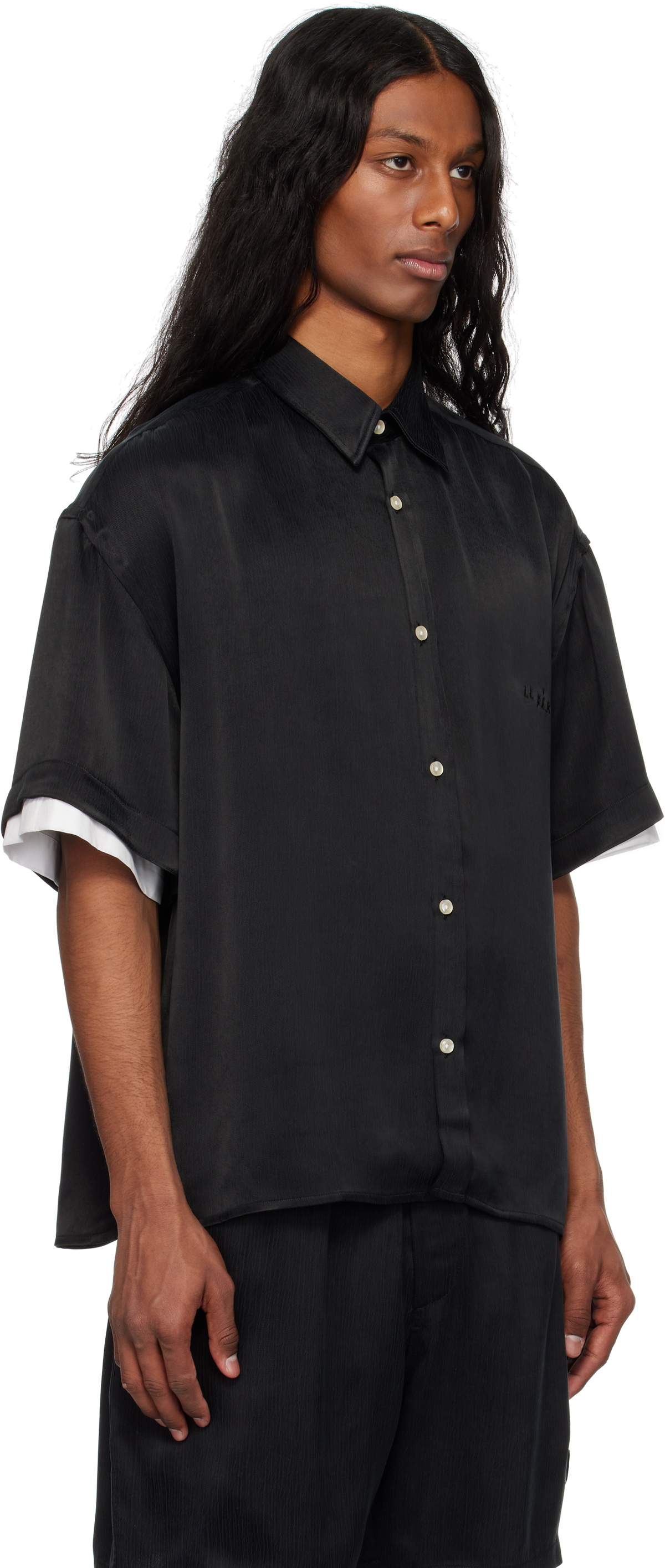le PÈRE Black Double Short Sleeve Button Down Shirt