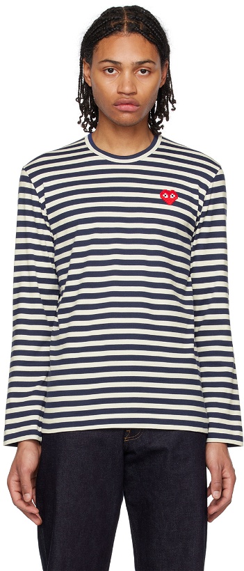 Photo: Comme des Garçons Play Navy & White Invader Edition Heart Long Sleeve T-Shirt