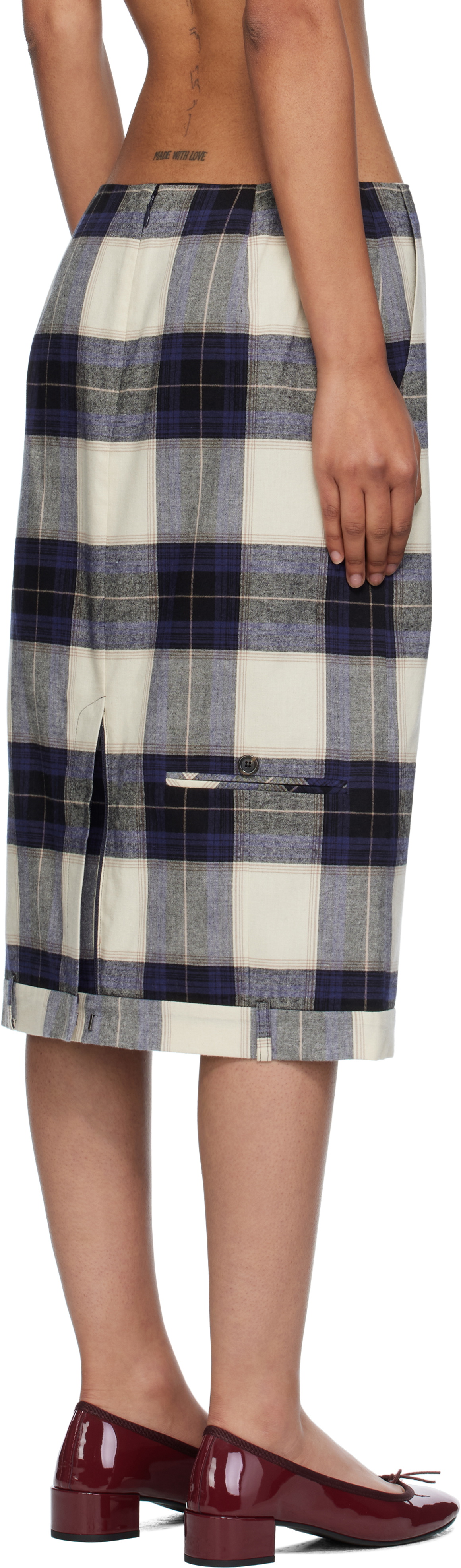 Pushbutton Multicolor Check Trousers Upside Down Midi Skirt