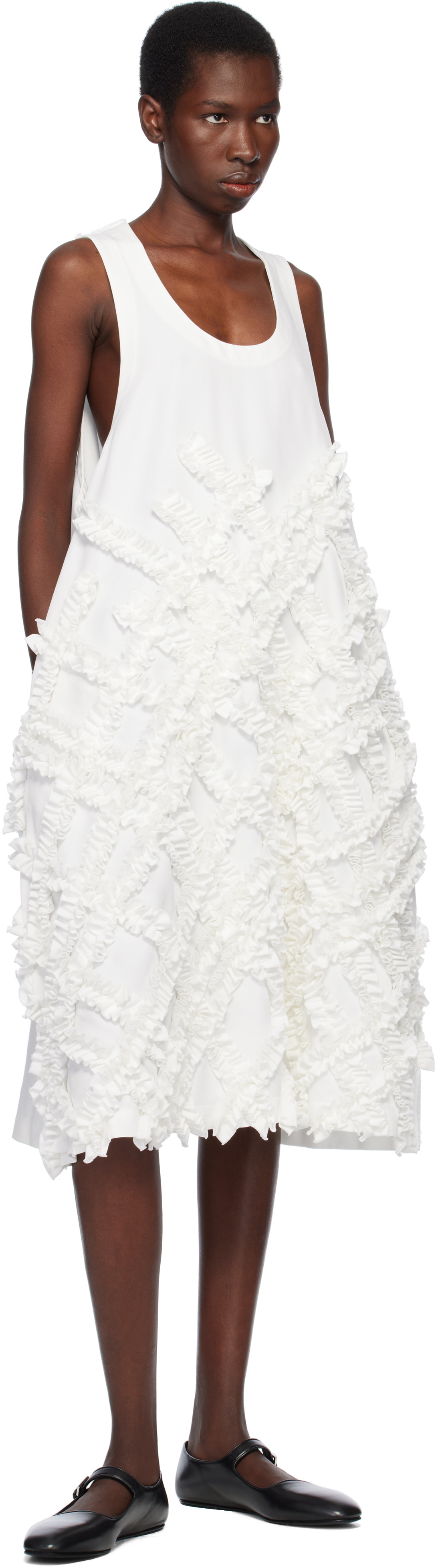Black Comme des Garçons White Polyester Twill Midi Dress