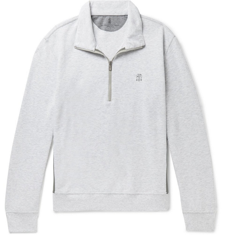 Photo: Brunello Cucinelli - Panelled Cotton-Blend Jersey and Shell Half-Zip Sweatshirt - Light gray
