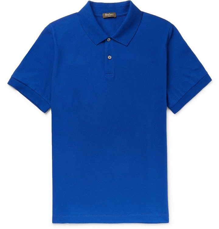 Photo: Berluti - Leather-Trimmed Cotton-Piqué Polo Shirt - Men - Blue