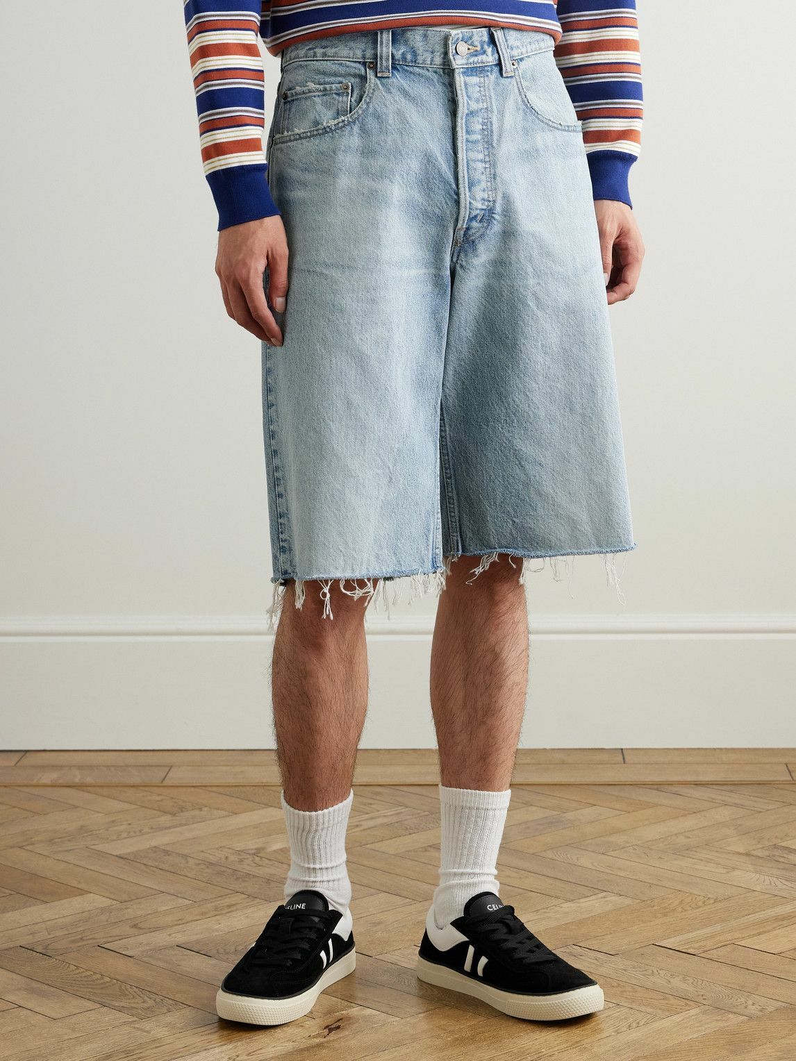 CELINE - Straight-Leg Frayed Denim Bermuda Shorts - Blue