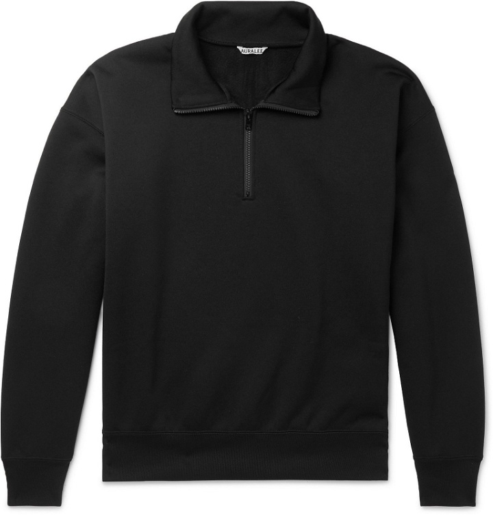 Photo: Auralee - Fleece-Back Cotton-Blend Jersey Half-Zip Sweater - Black