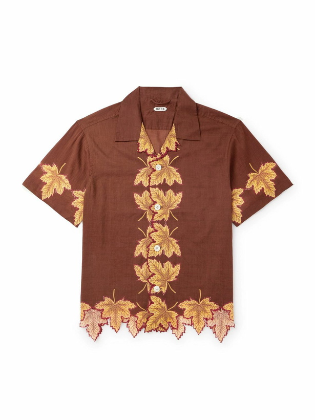 Photo: BODE - Harvest Floor Camp-Collar Embroidered Printed Cotton-Poplin Shirt - Brown