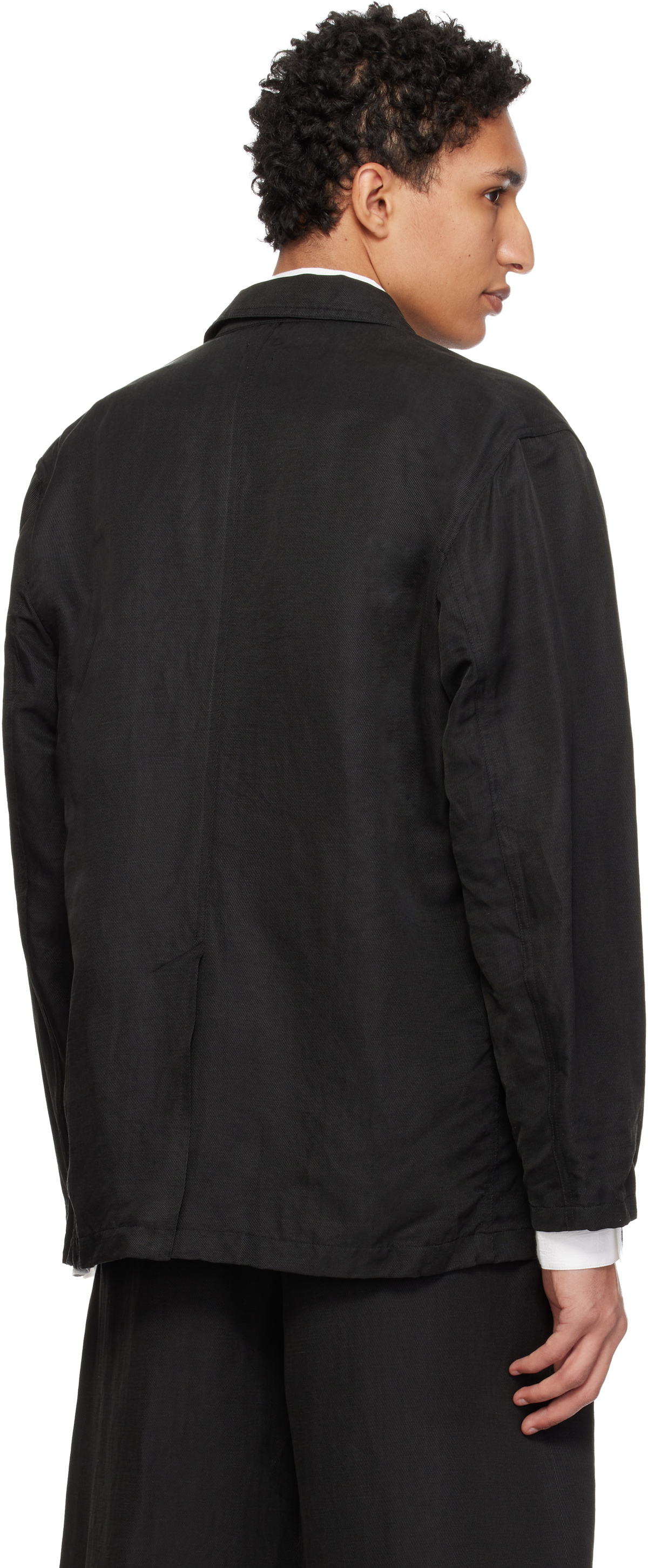 YOKE Black Linen Silk Kersey Double Breasted Blazer