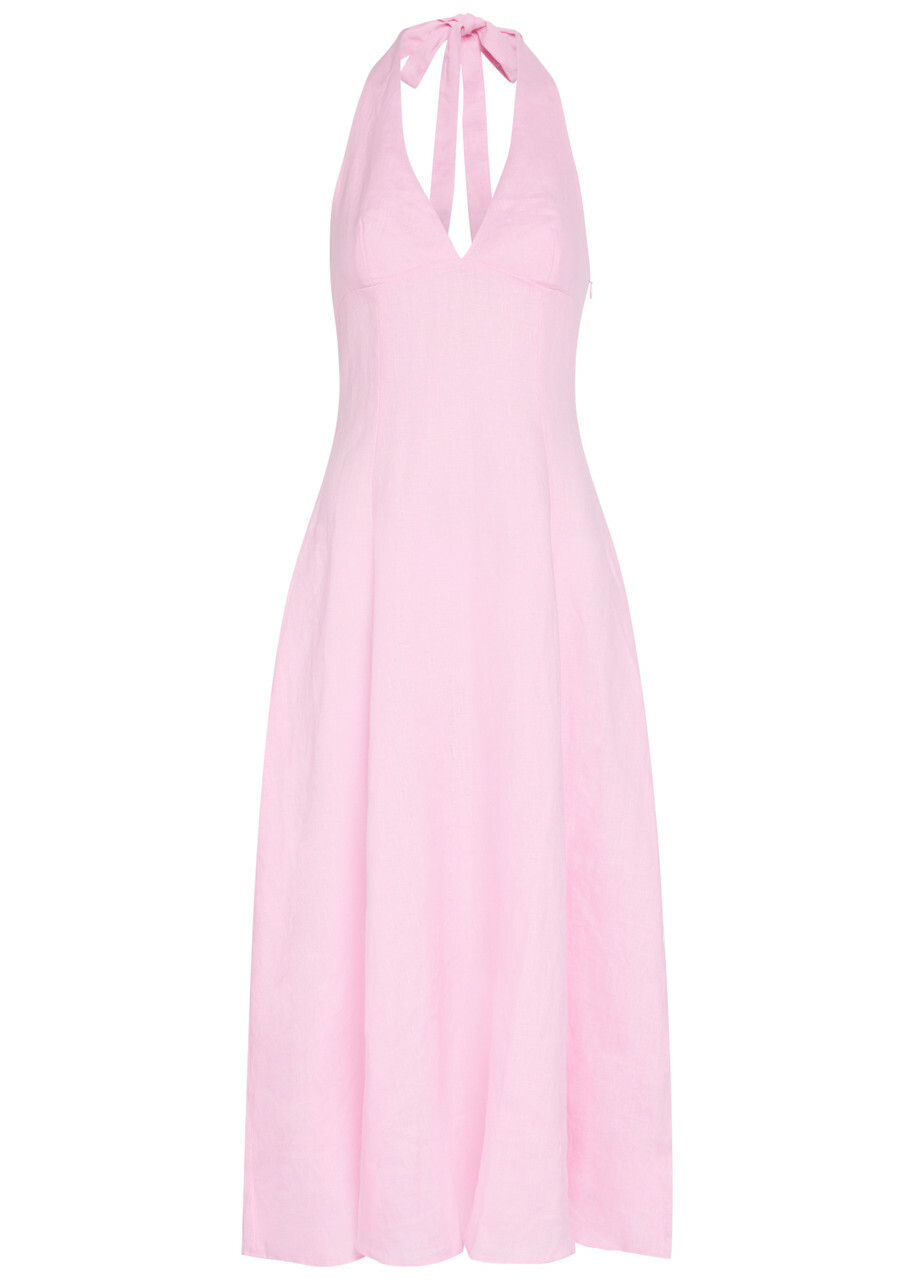 Faithfull The Brand Marais Halterneck Linen Midi Dress Pink