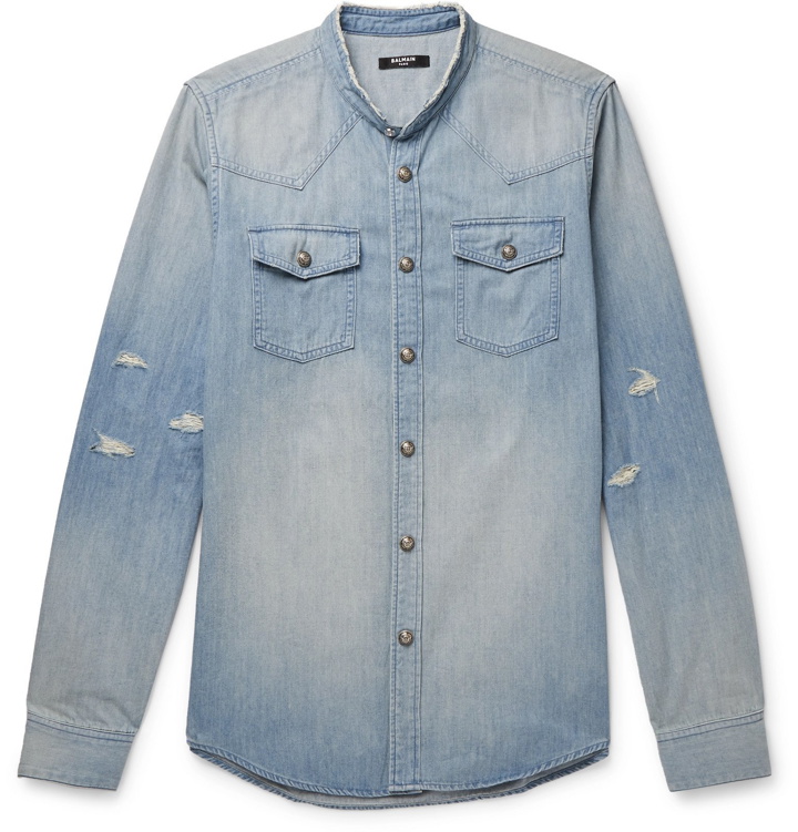 Photo: Balmain - Grandad-Collar Logo-Embossed Distressed Denim Shirt - Blue