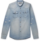 Balmain - Grandad-Collar Logo-Embossed Distressed Denim Shirt - Blue