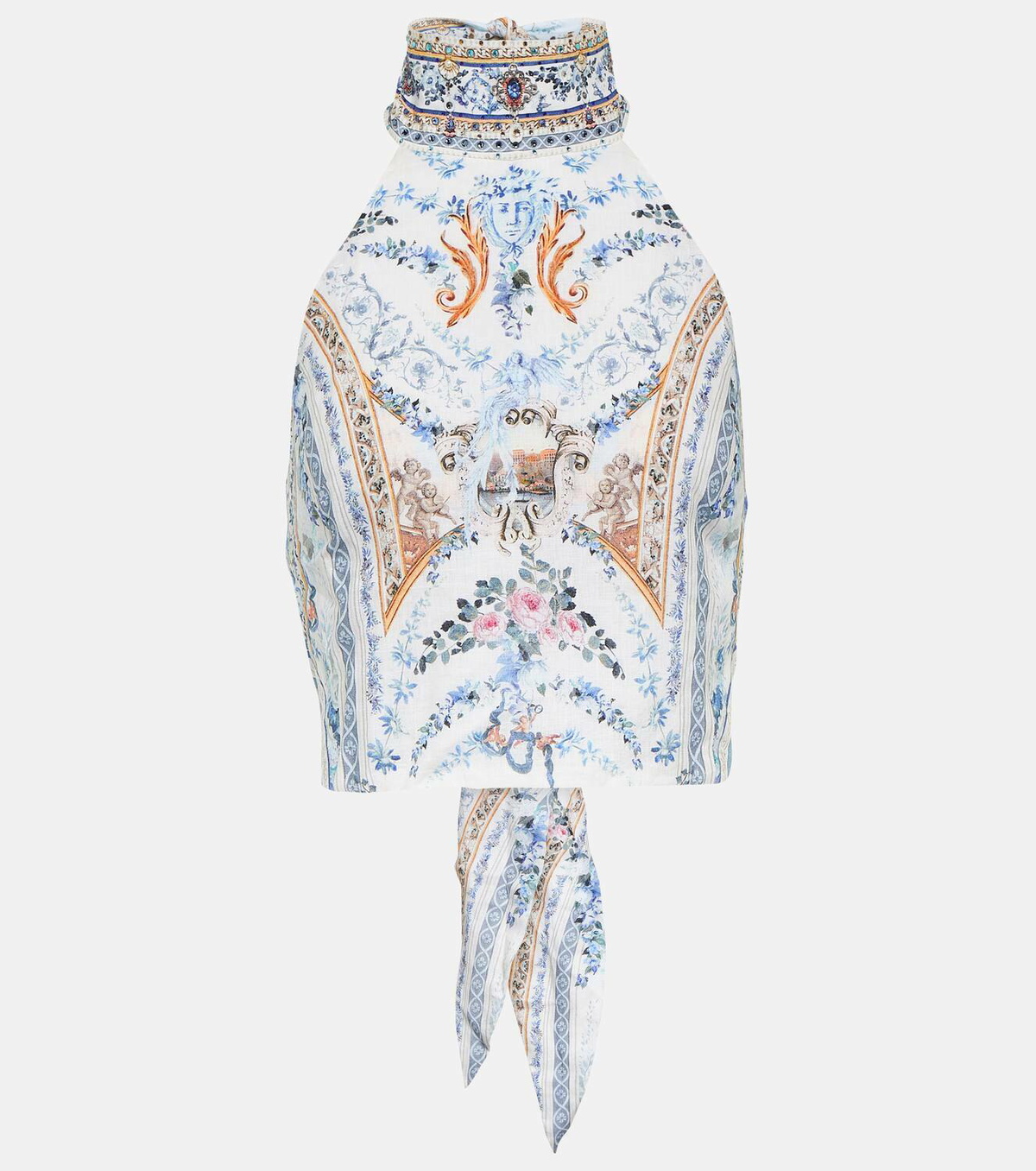 Camilla Embellished floral halterneck linen top