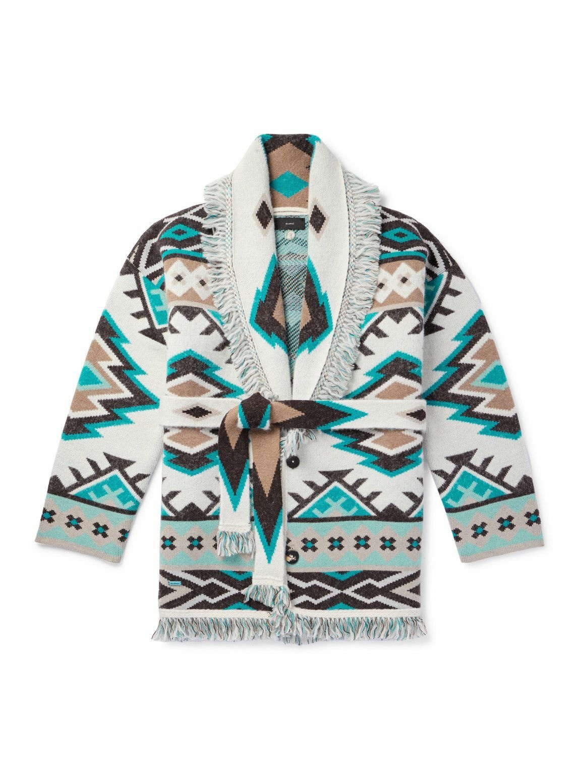 Photo: Alanui - The Never Ending Winter Fringed Belted Jacquard-Knit Cashmere Cardigan - Blue