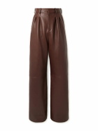 LOEWE - Straight-Leg Pleated Leather Tousers - Brown