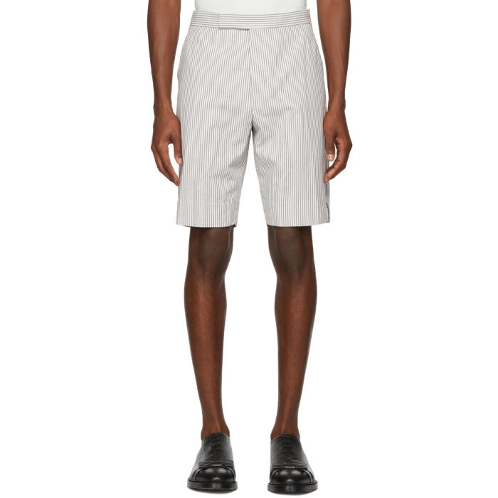 Photo: Thom Browne Grey and White Seersucker Side Zip Backstrap Shorts 