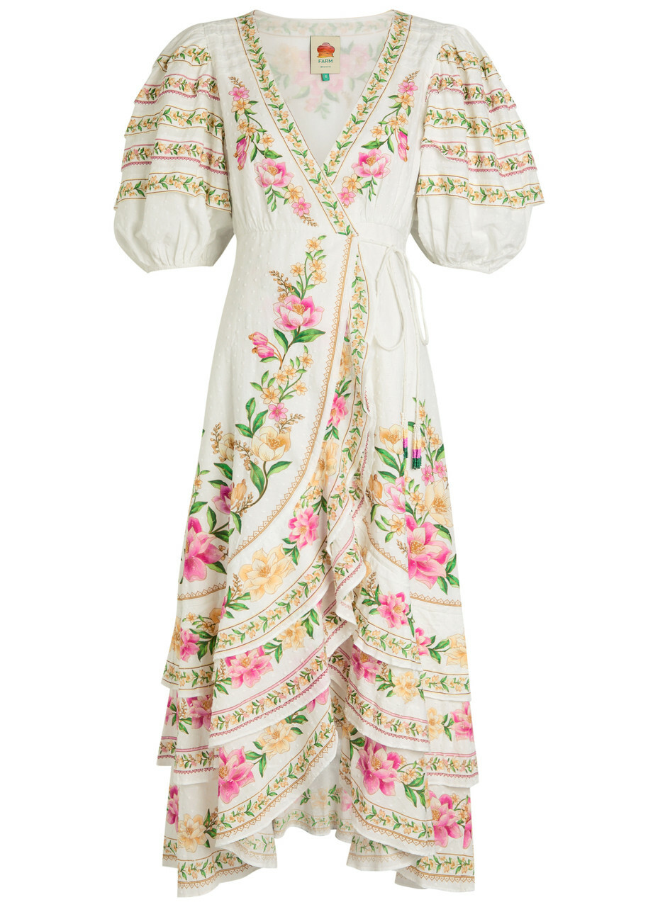 Farm Rio Palm Dream Printed Cotton Midi Wrap Dress White