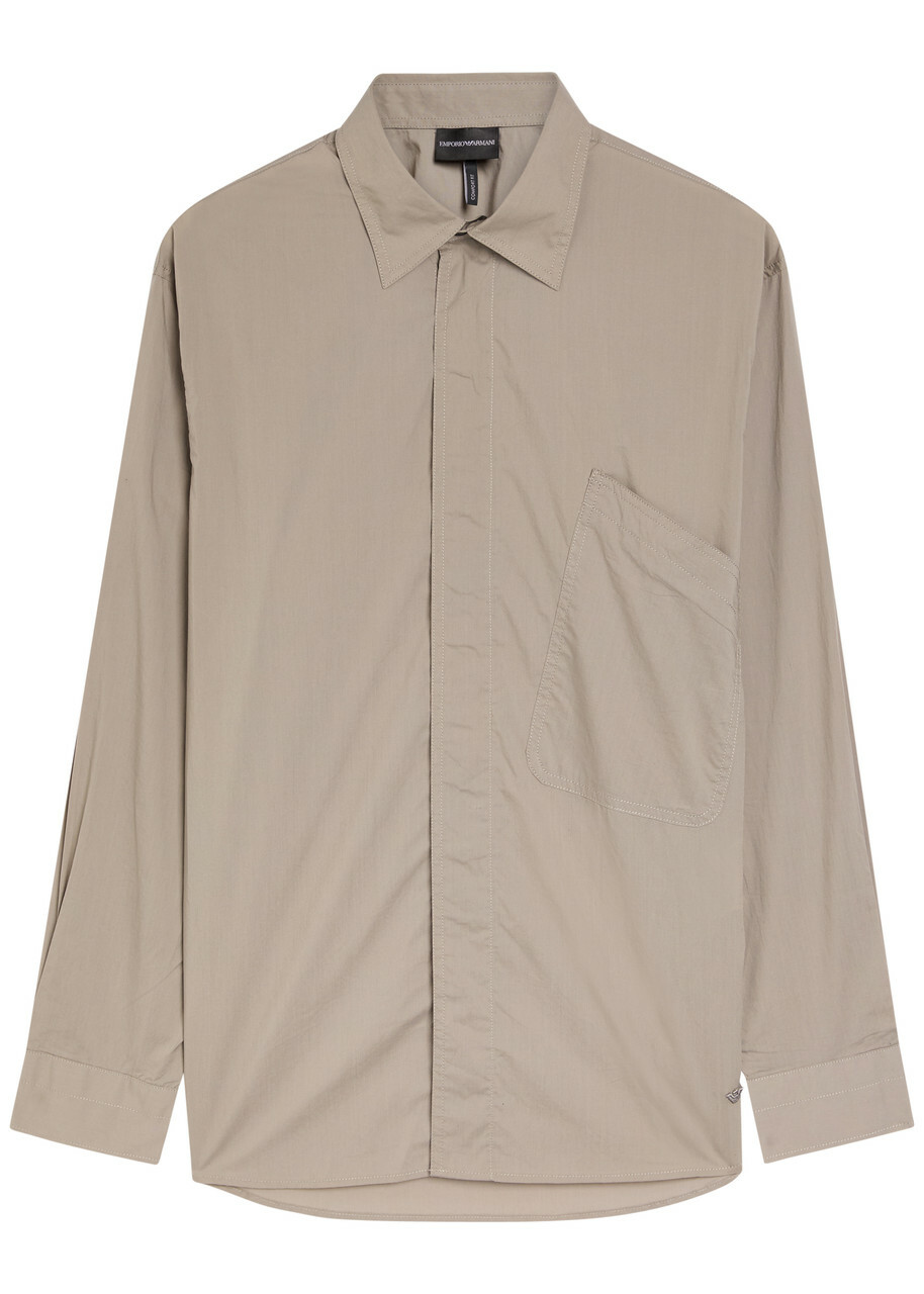 Emporio Armani Logo-embroidered Cotton-poplin Shirt Taupe