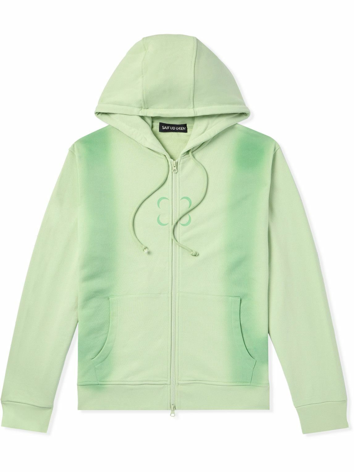 SAIF UD DEEN - Cold-Dyed Logo-Print Cotton-Jersey Zip-Up Hoodie - Green