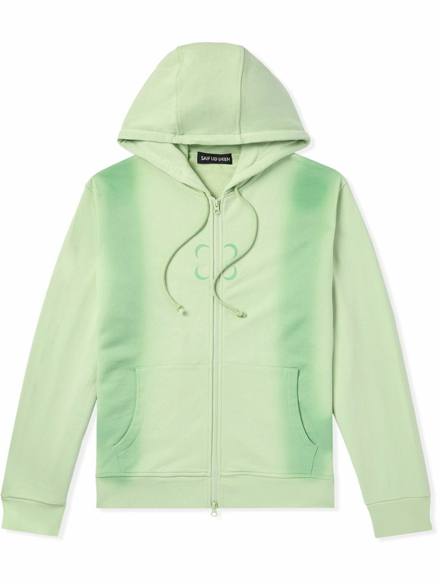 Photo: SAIF UD DEEN - Cold-Dyed Logo-Print Cotton-Jersey Zip-Up Hoodie - Green