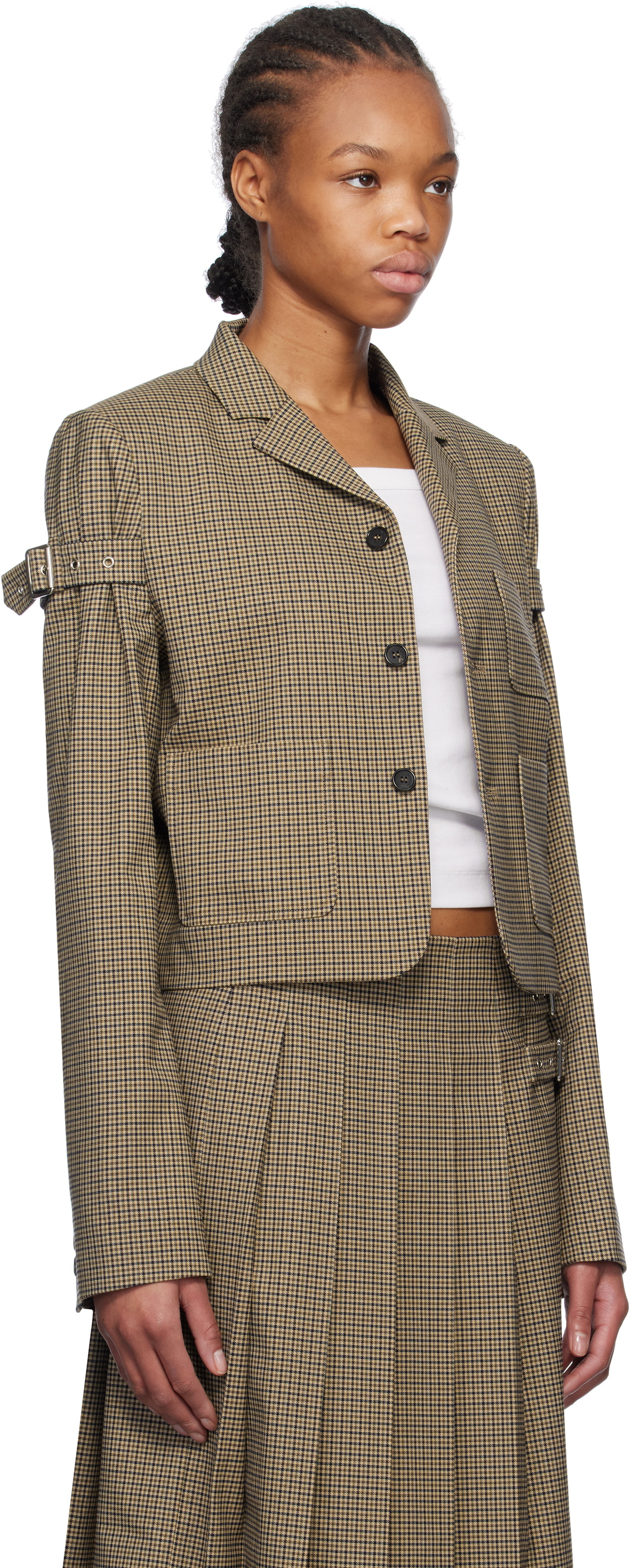 We11done Beige Checkered Belted Blazer