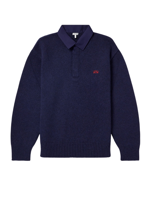 Photo: LOEWE - Logo-Embroidered Cotton Twill-Trimmed Wool-Blend Polo Sweater - Blue