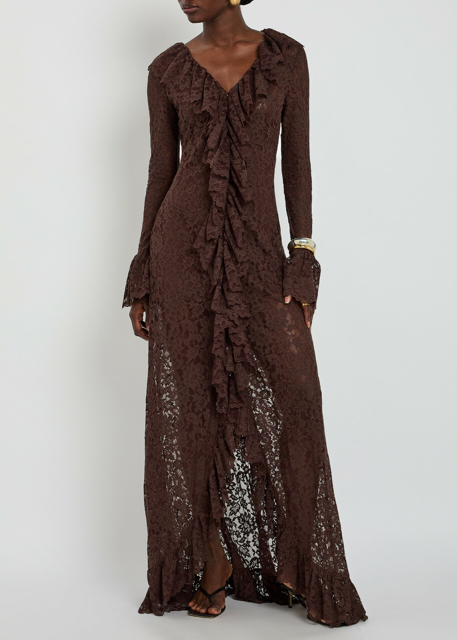 DE LA Vali Clementina Ruffled Guipure Lace Maxi Dress Brown
