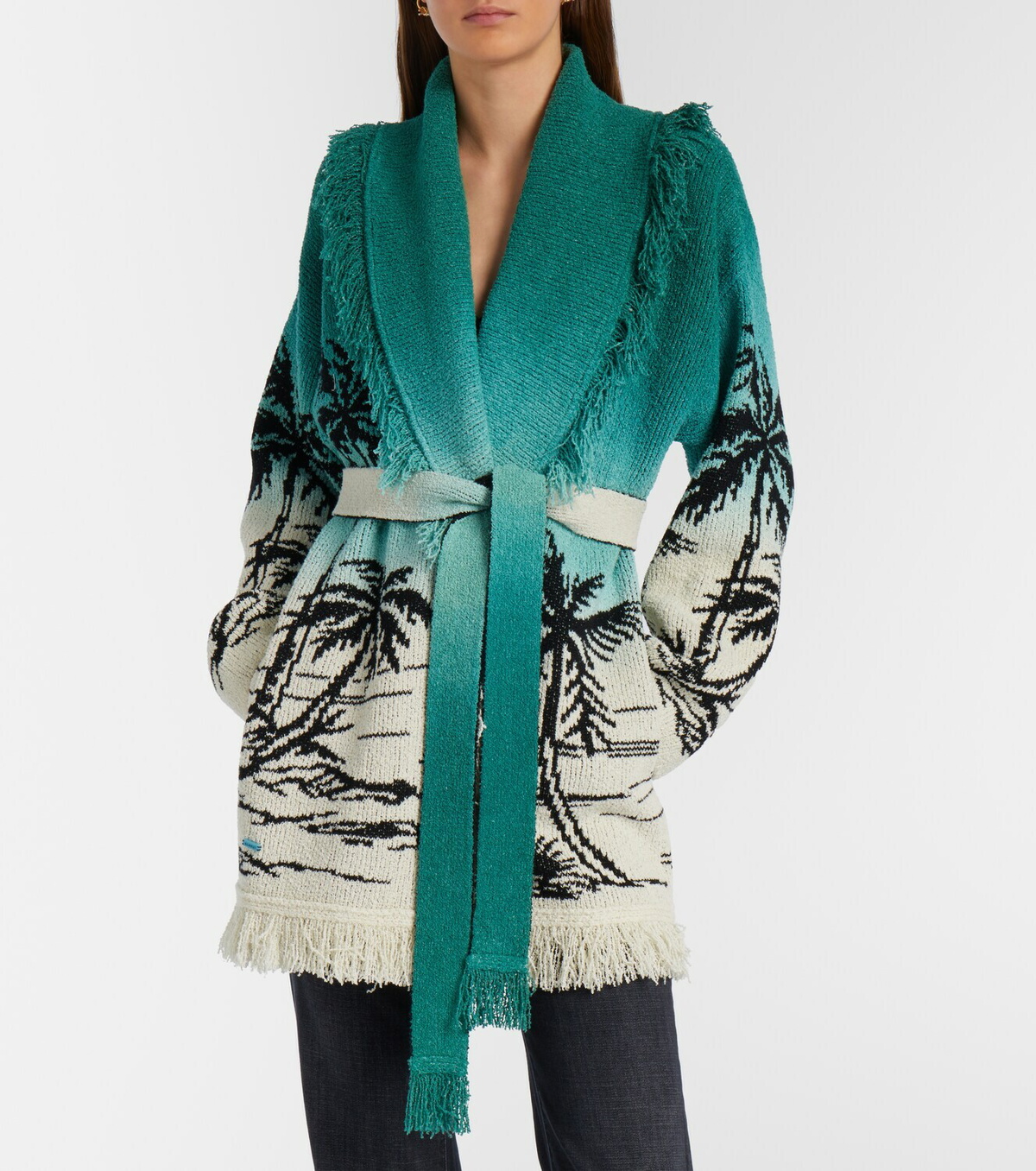 Alanui Wave Bloom fringed cotton-blend jacquard cardigan