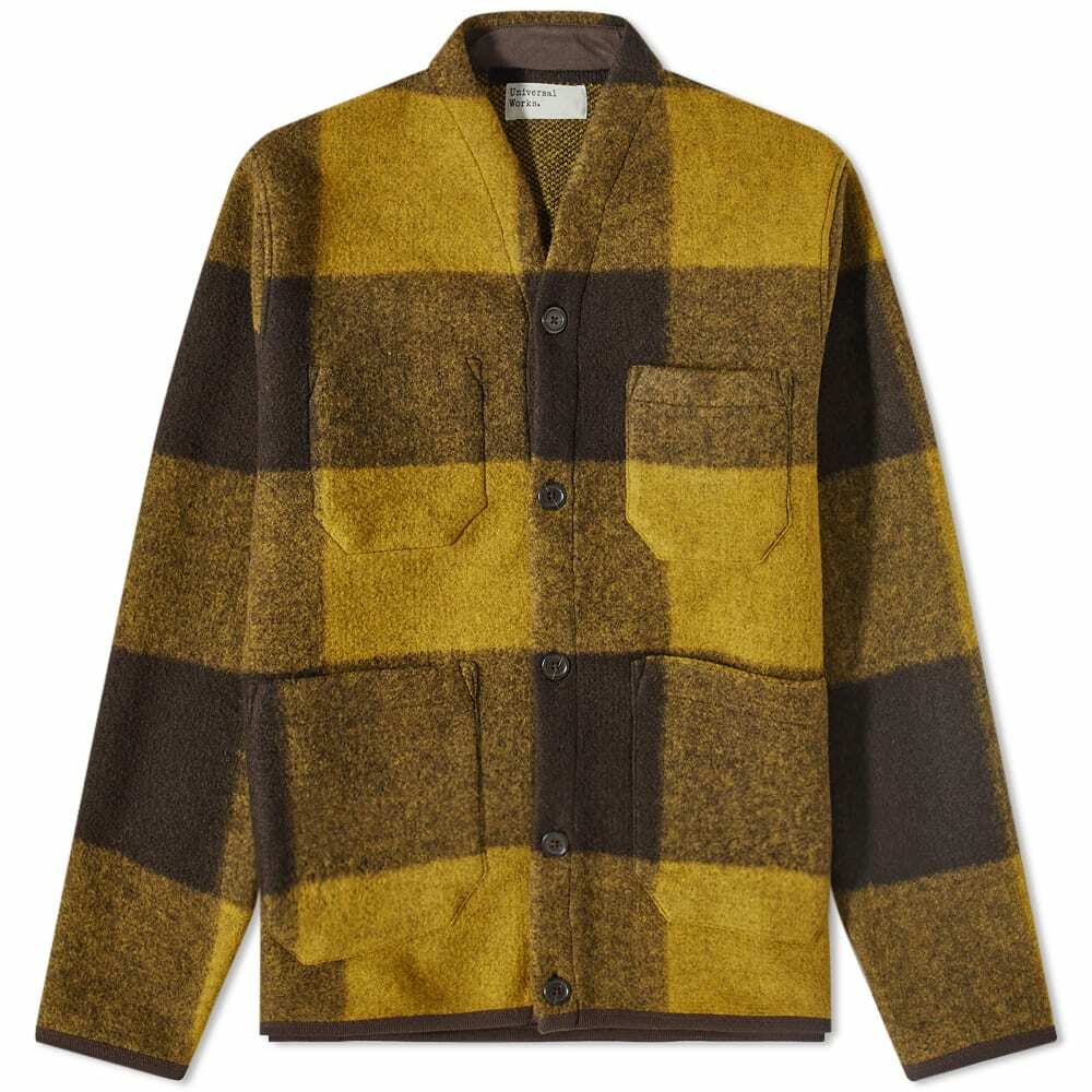 Universal Works Men's Studio Check Wool Fleece Cardigan in Mustard