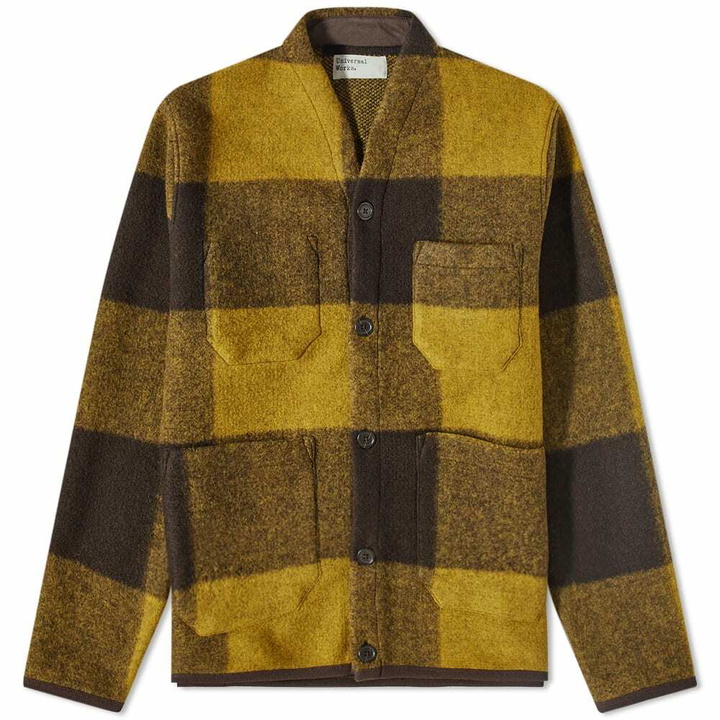 Photo: Universal Works Men's Studio Check Wool Fleece Cardigan in Mustard/Brown