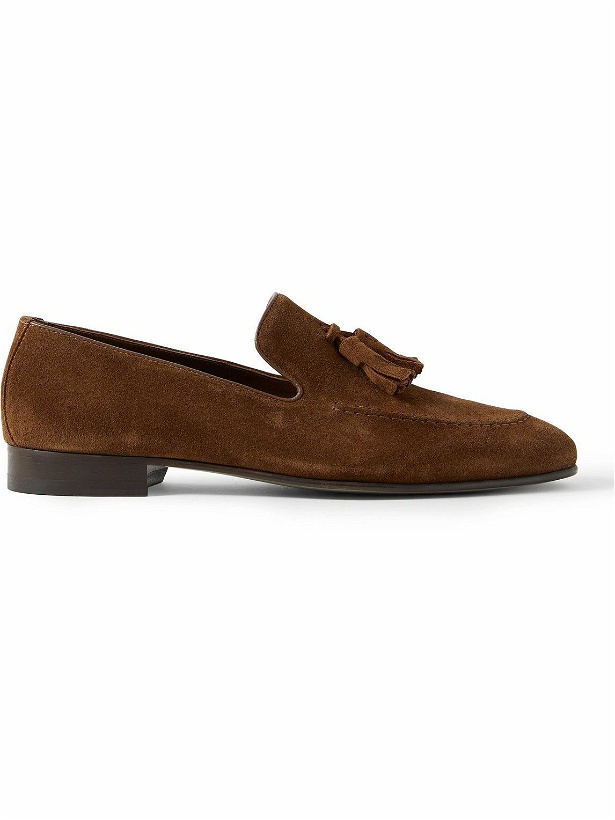 Photo: Manolo Blahnik - Chester Leather-Trimmed Suede Tasselled Loafers - Brown