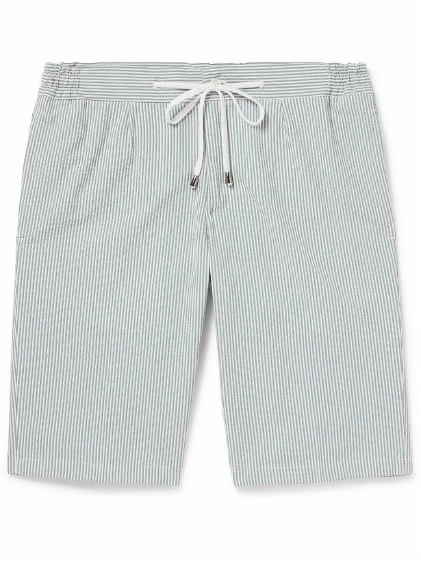 Photo: De Petrillo - Straight-Leg Striped Cotton-Seersucker Drawstring Shorts - Blue