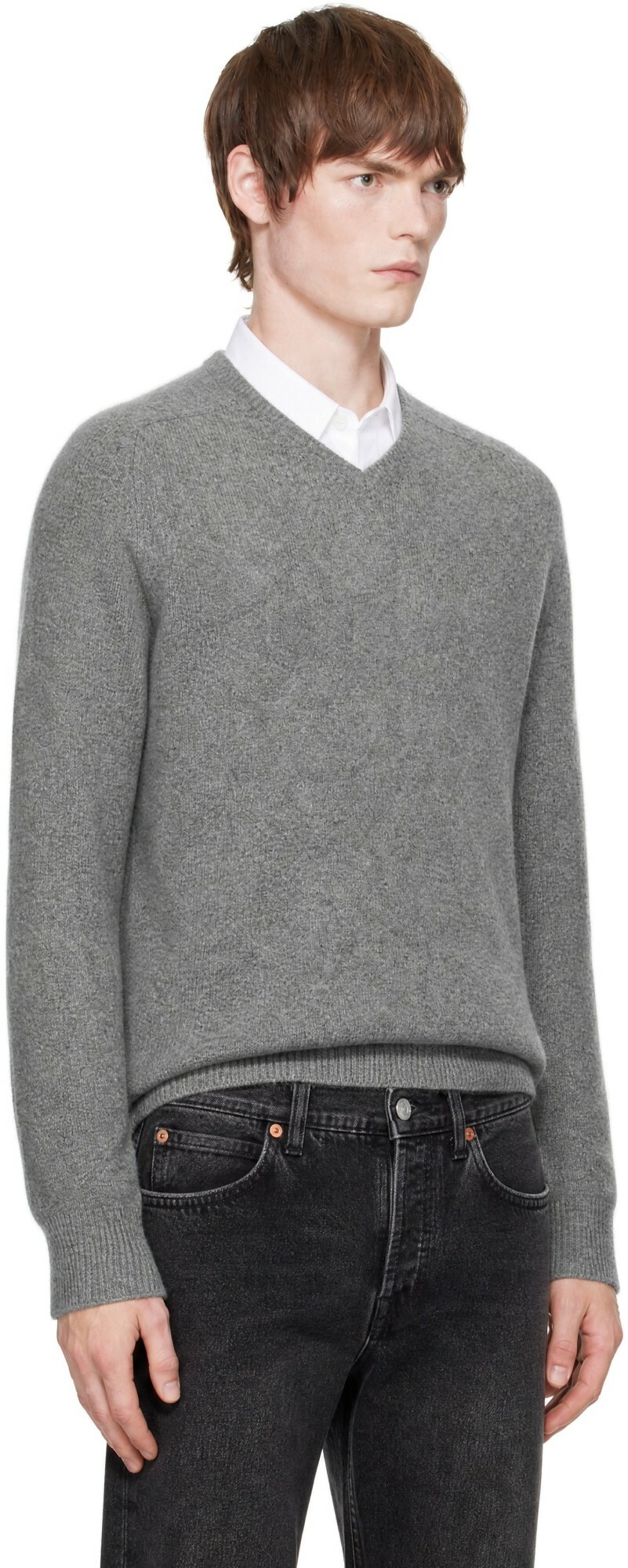 AMOMENTO Gray Racoon V-Neck Sweater