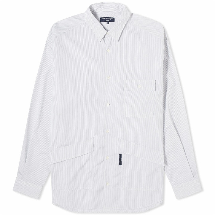 Photo: Comme des Garçons Homme Men's Stripe Multi Pocket Shirt in White/Navy