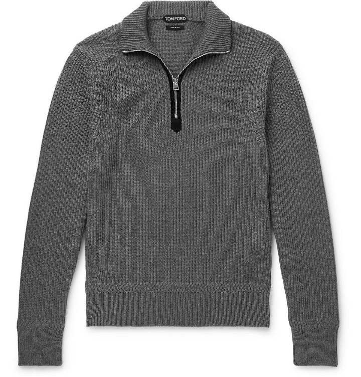 Photo: TOM FORD - Ribbed Wool and Cashmere-Blend Half-Zip Sweater - Gray