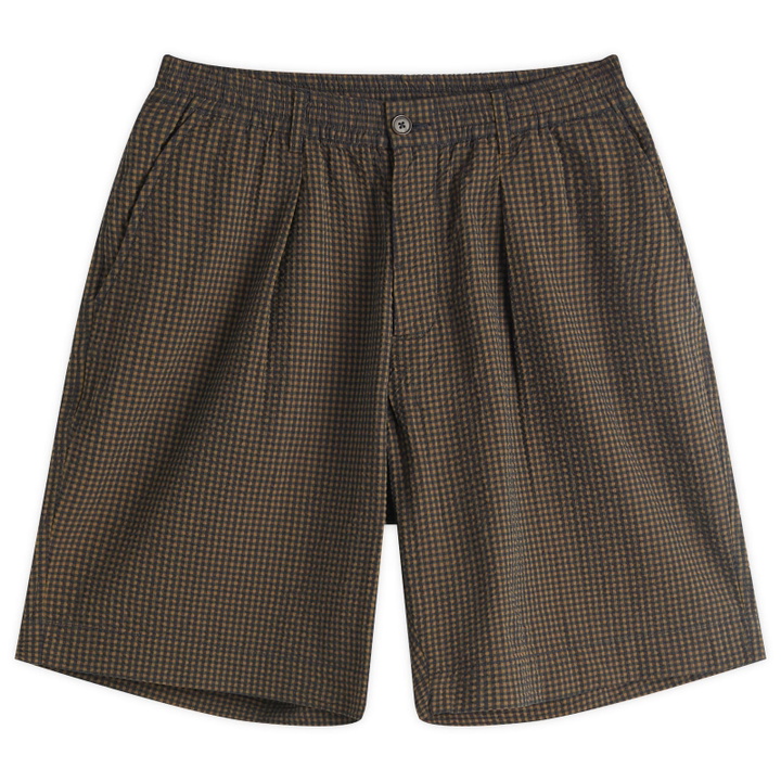 Photo: Universal Works Men's Japanese Seersucker Pleated Track Shorts in Navy