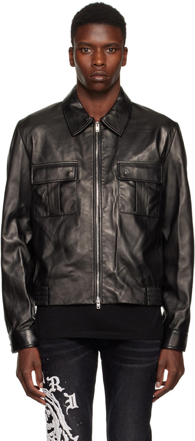 AMIRI Black Embroidered Collar Leather Jacket Amiri