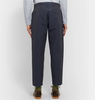 YMC - Hand Me Down Tapered Cropped Pinstriped Cotton and Linen-Blend Trousers - Blue