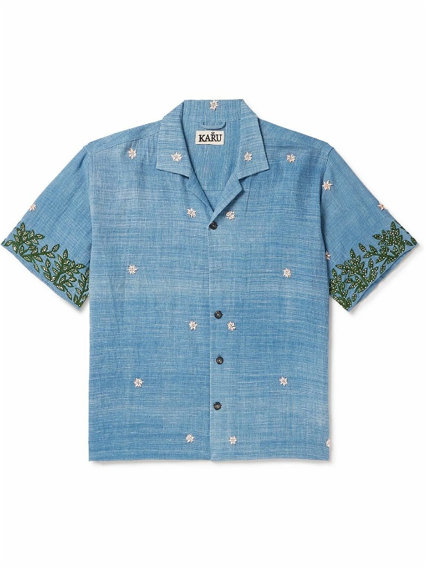 Photo: Karu Research - Camp-Collar Embroidered Cotton-Voile Shirt - Blue