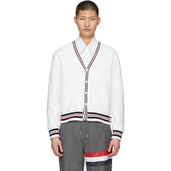 Photo: Thom Browne White Cricket Stripe Cardigan