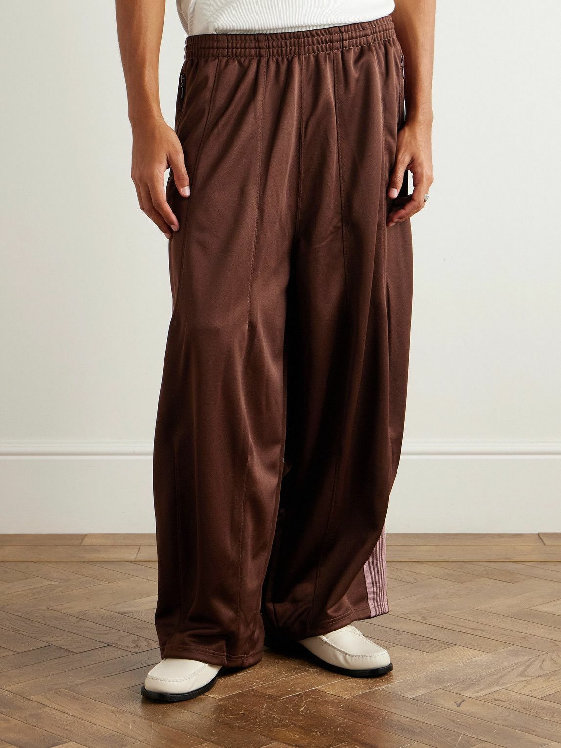 Needles - Wide-Leg Webbing-Trimmed Logo-Embroidered Jersey Track Pants - Brown