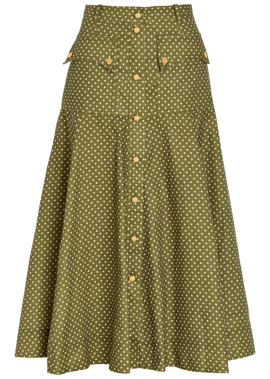 Zimmermann Luna Cargo Patterned Linen Midi Skirt Olive
