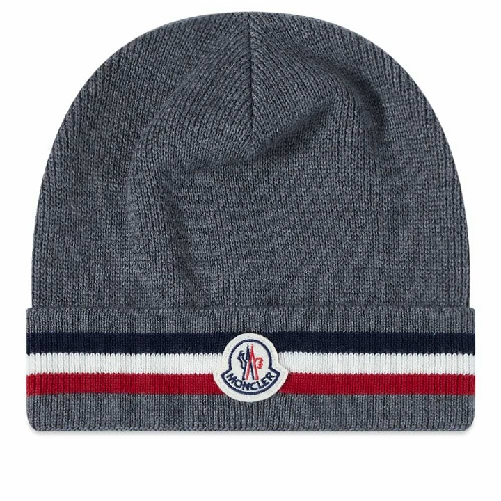 Photo: Moncler Men's Tricolore Band Logo Beanie in Grey