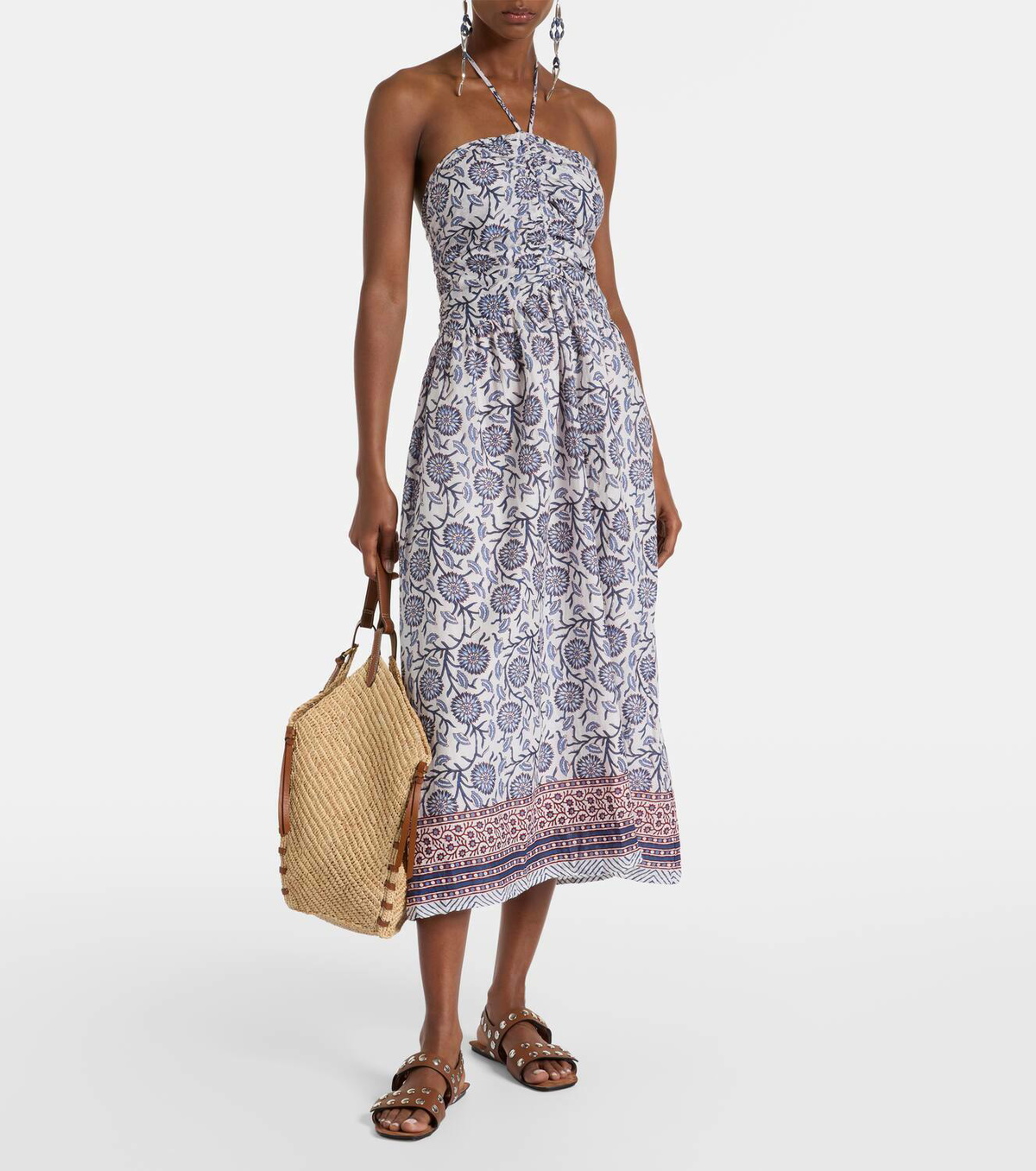 Velvet Floral ruched cotton midi dress